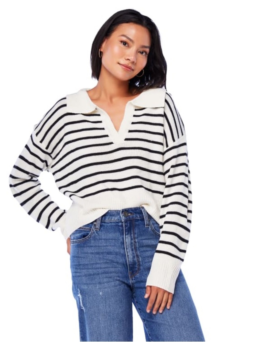 Woven Heart White and Black Striped V-Neck Collared Sweater